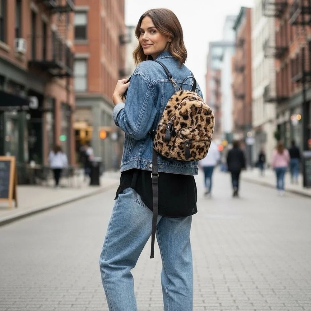 Faux Fur leopard animal print small backpack - fun playful - faux leather strap